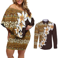 Vintage Hibiscus Turtle Pattern Couples Matching Off Shoulder Short Dress and Long Sleeve Button Shirt with Plumeria Half Style