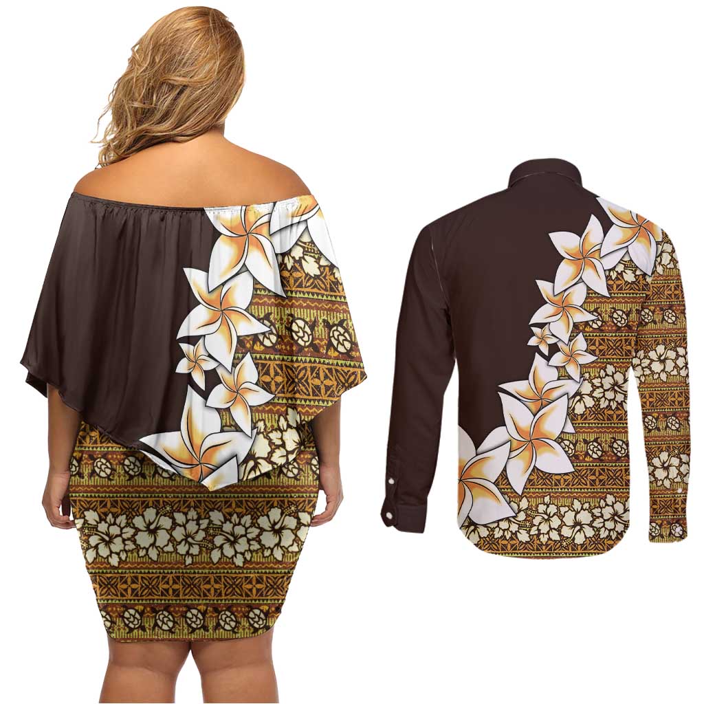 Vintage Hibiscus Turtle Pattern Couples Matching Off Shoulder Short Dress and Long Sleeve Button Shirt with Plumeria Half Style