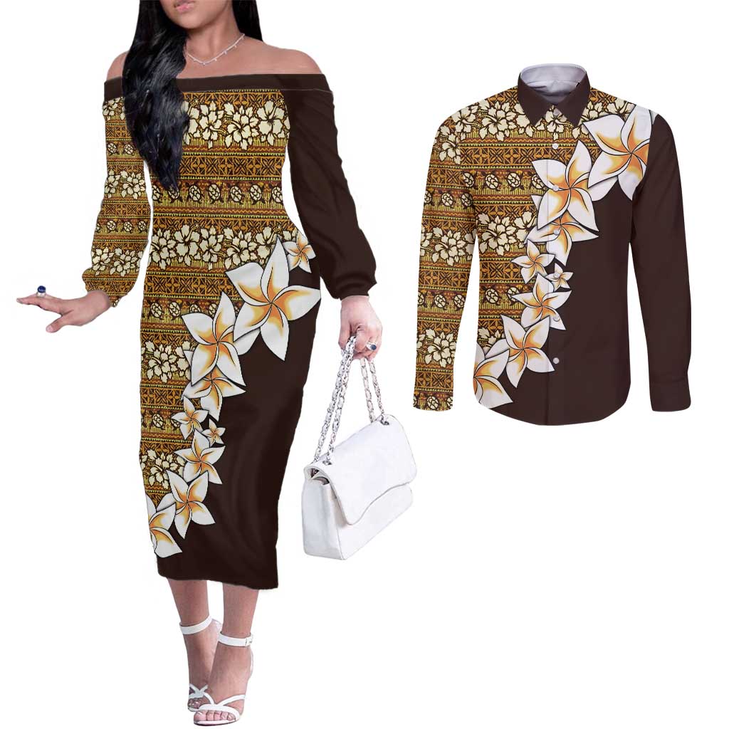 Vintage Hibiscus Turtle Pattern Couples Matching Off The Shoulder Long Sleeve Dress and Long Sleeve Button Shirt with Plumeria Half Style
