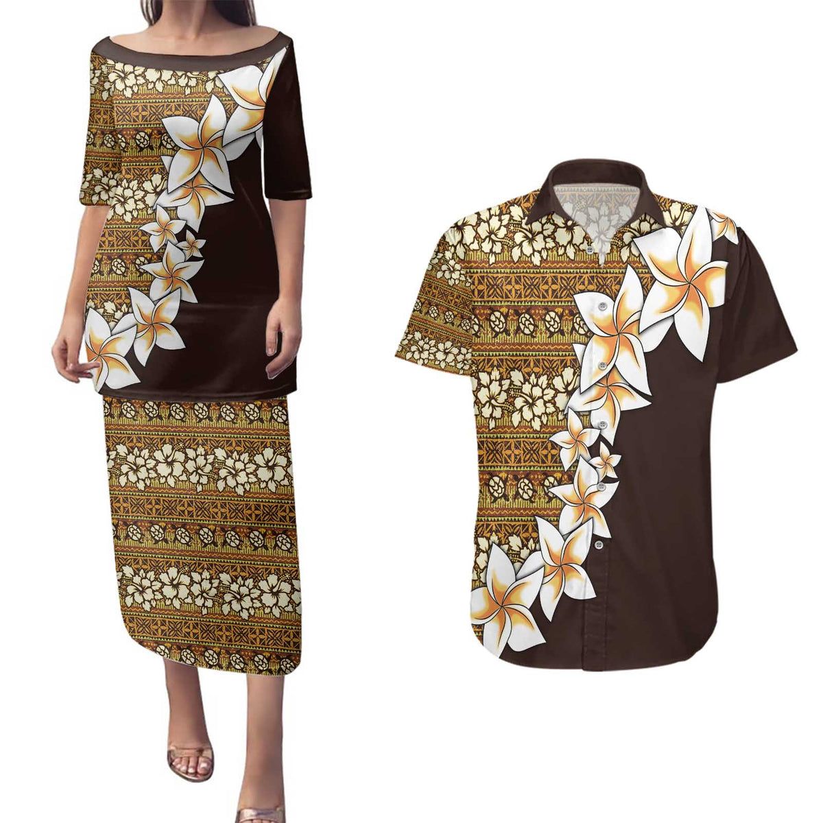 Vintage Hibiscus Turtle Pattern Couples Matching Puletasi and Hawaiian Shirt with Plumeria Half Style LT9 Gold - Polynesian Pride