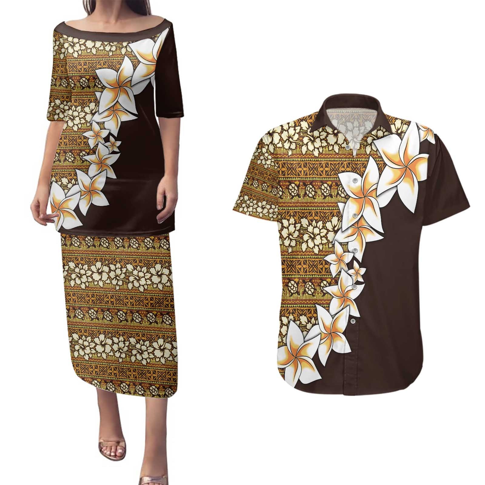 Vintage Hibiscus Turtle Pattern Couples Matching Puletasi and Hawaiian Shirt with Plumeria Half Style LT9 Gold - Polynesian Pride