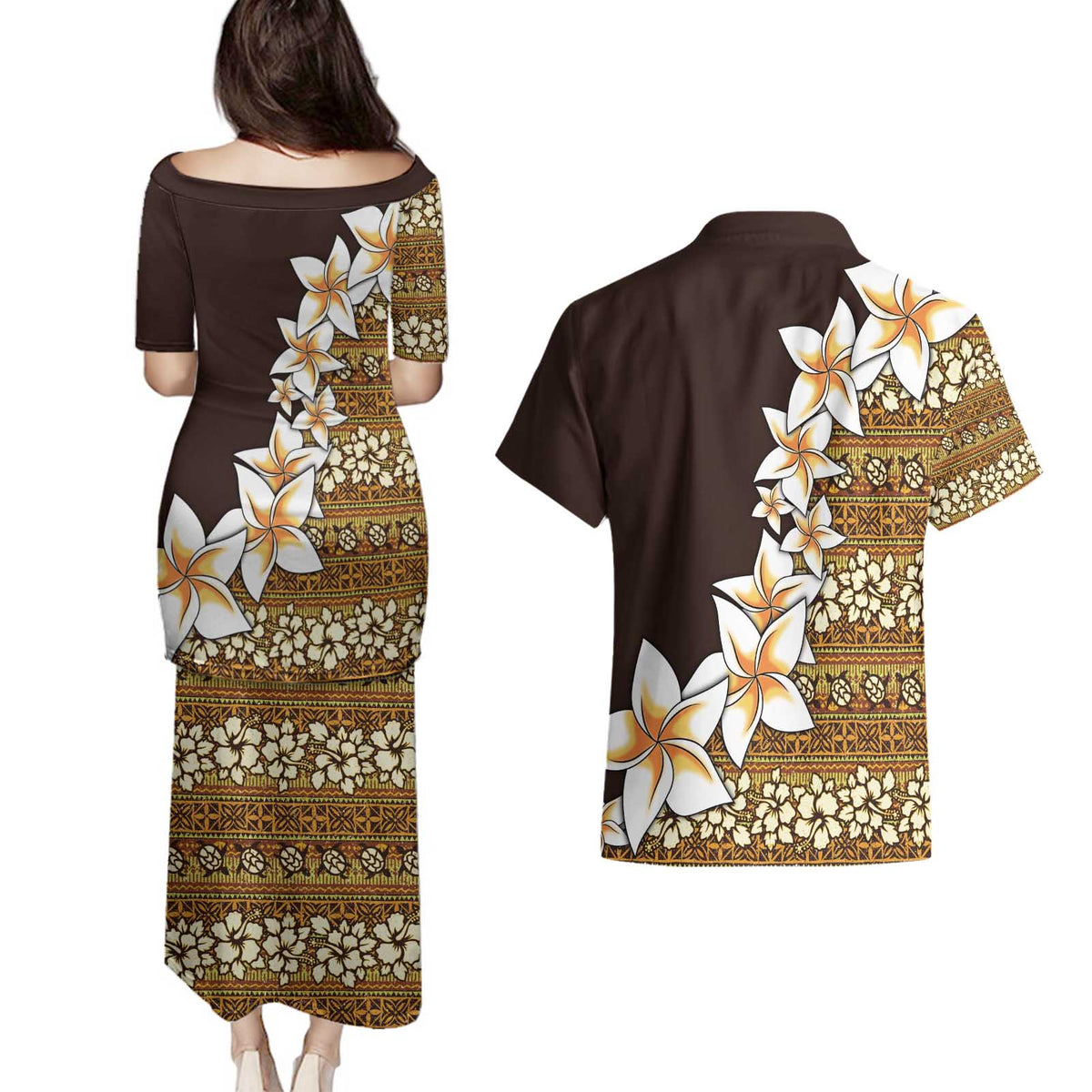 Vintage Hibiscus Turtle Pattern Couples Matching Puletasi and Hawaiian Shirt with Plumeria Half Style LT9 - Polynesian Pride