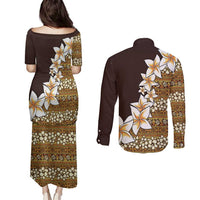 Vintage Hibiscus Turtle Pattern Couples Matching Puletasi and Long Sleeve Button Shirt with Plumeria Half Style