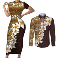 Vintage Hibiscus Turtle Pattern Couples Matching Short Sleeve Bodycon Dress and Long Sleeve Button Shirt with Plumeria Half Style