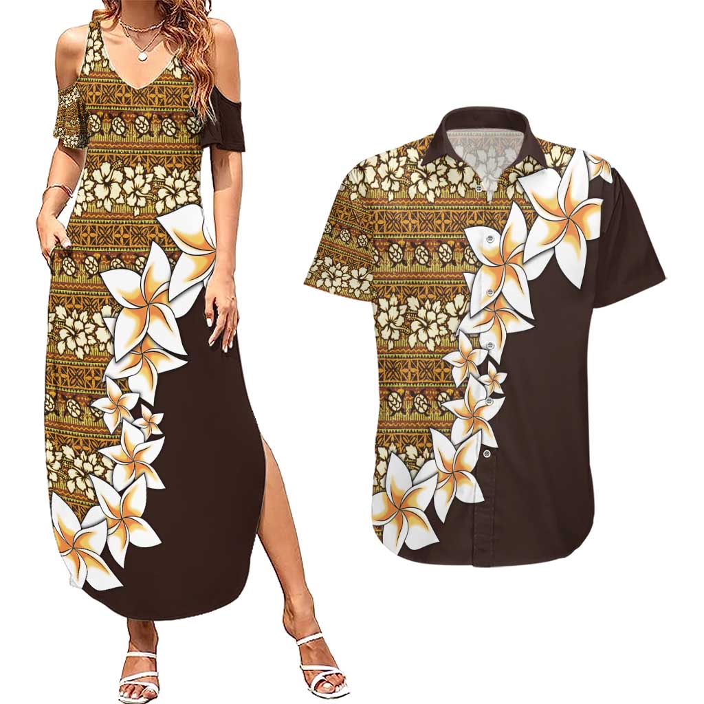 Vintage Hibiscus Turtle Pattern Couples Matching Summer Maxi Dress and Hawaiian Shirt with Plumeria Half Style LT9 Gold - Polynesian Pride