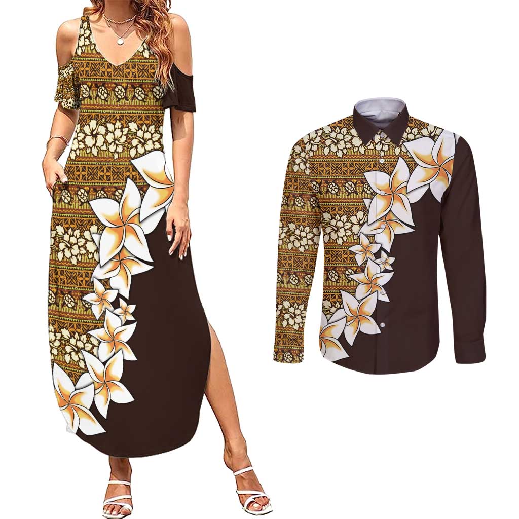 Vintage Hibiscus Turtle Pattern Couples Matching Summer Maxi Dress and Long Sleeve Button Shirt with Plumeria Half Style LT9 Gold - Polynesian Pride