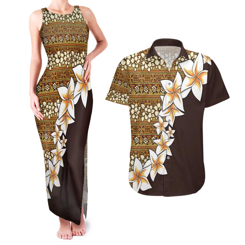 Vintage Hibiscus Turtle Pattern Couples Matching Tank Maxi Dress and Hawaiian Shirt with Plumeria Half Style LT9 Gold - Polynesian Pride