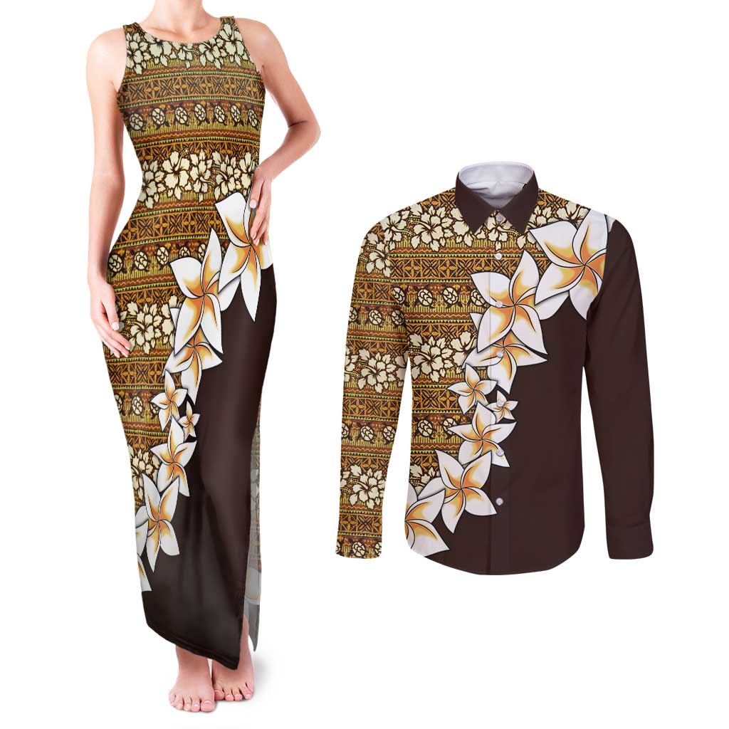 Vintage Hibiscus Turtle Pattern Couples Matching Tank Maxi Dress and Long Sleeve Button Shirt with Plumeria Half Style