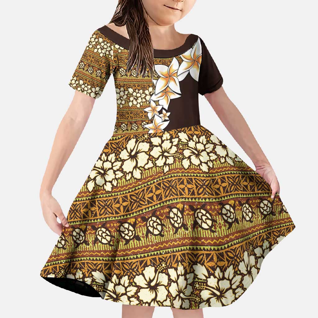 Vintage Hibiscus Turtle Pattern Family Matching Short Sleeve Bodycon Dress and Hawaiian Shirt with Plumeria Half Style LT9 Daughter's Dress Gold - Polynesian Pride