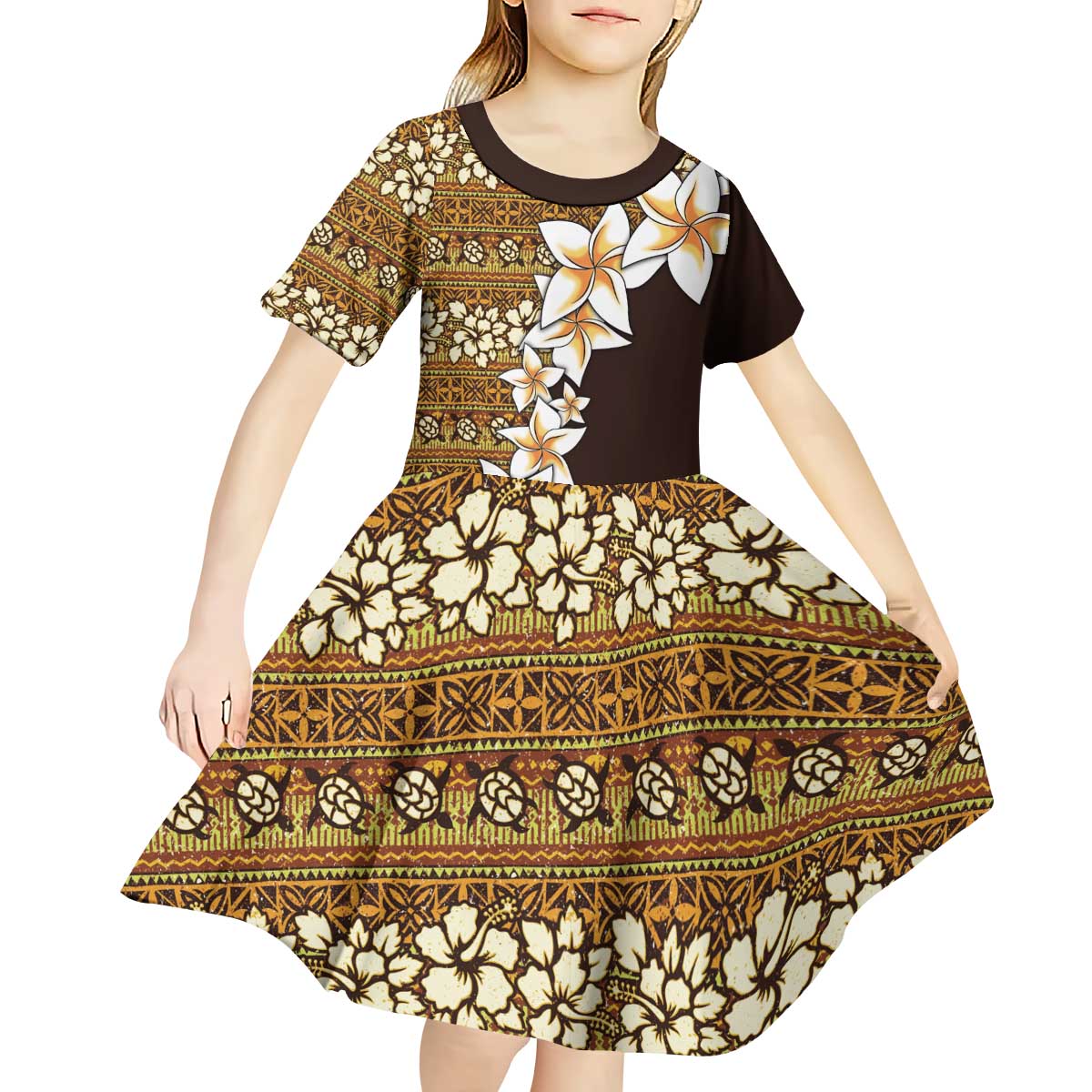 Vintage Hibiscus Turtle Pattern Kid Short Sleeve Dress with Plumeria Half Style