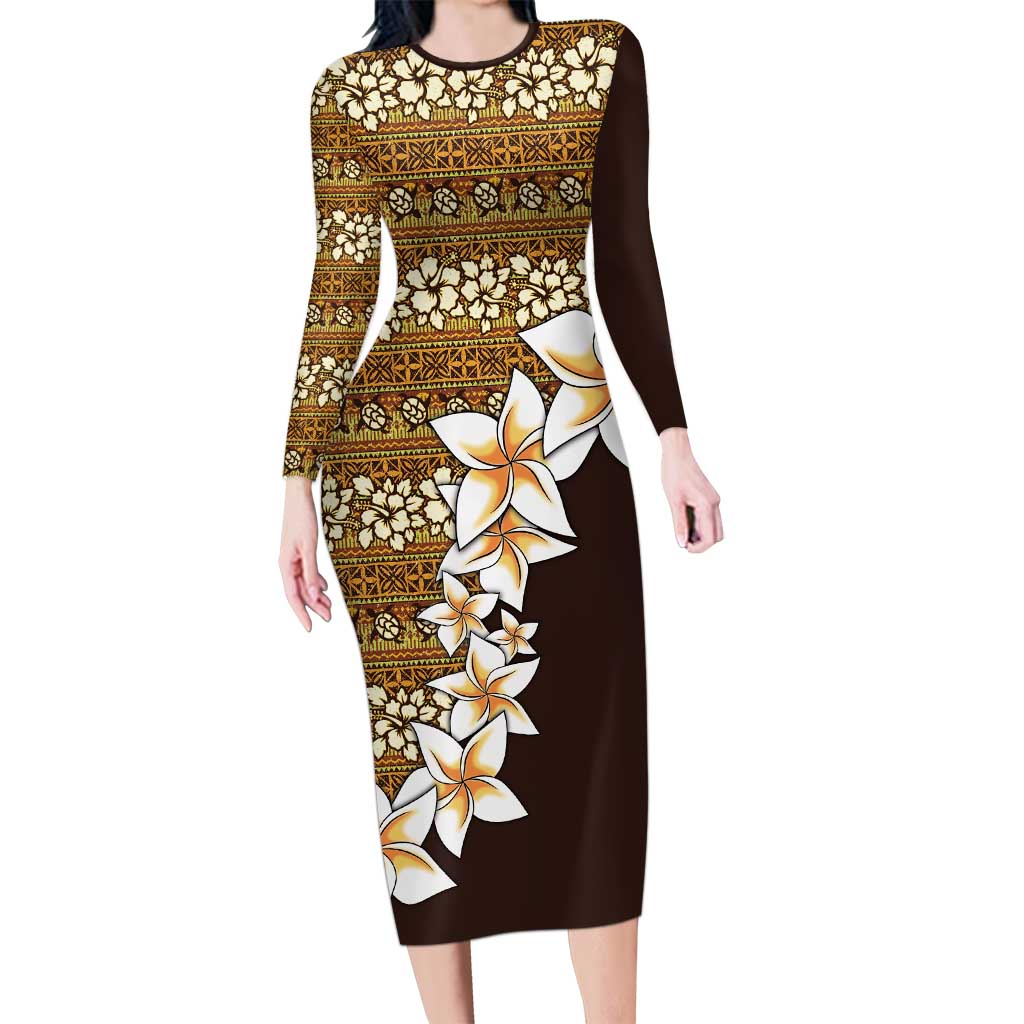 Vintage Hibiscus Turtle Pattern Long Sleeve Bodycon Dress with Plumeria Half Style LT9 Long Dress Gold - Polynesian Pride