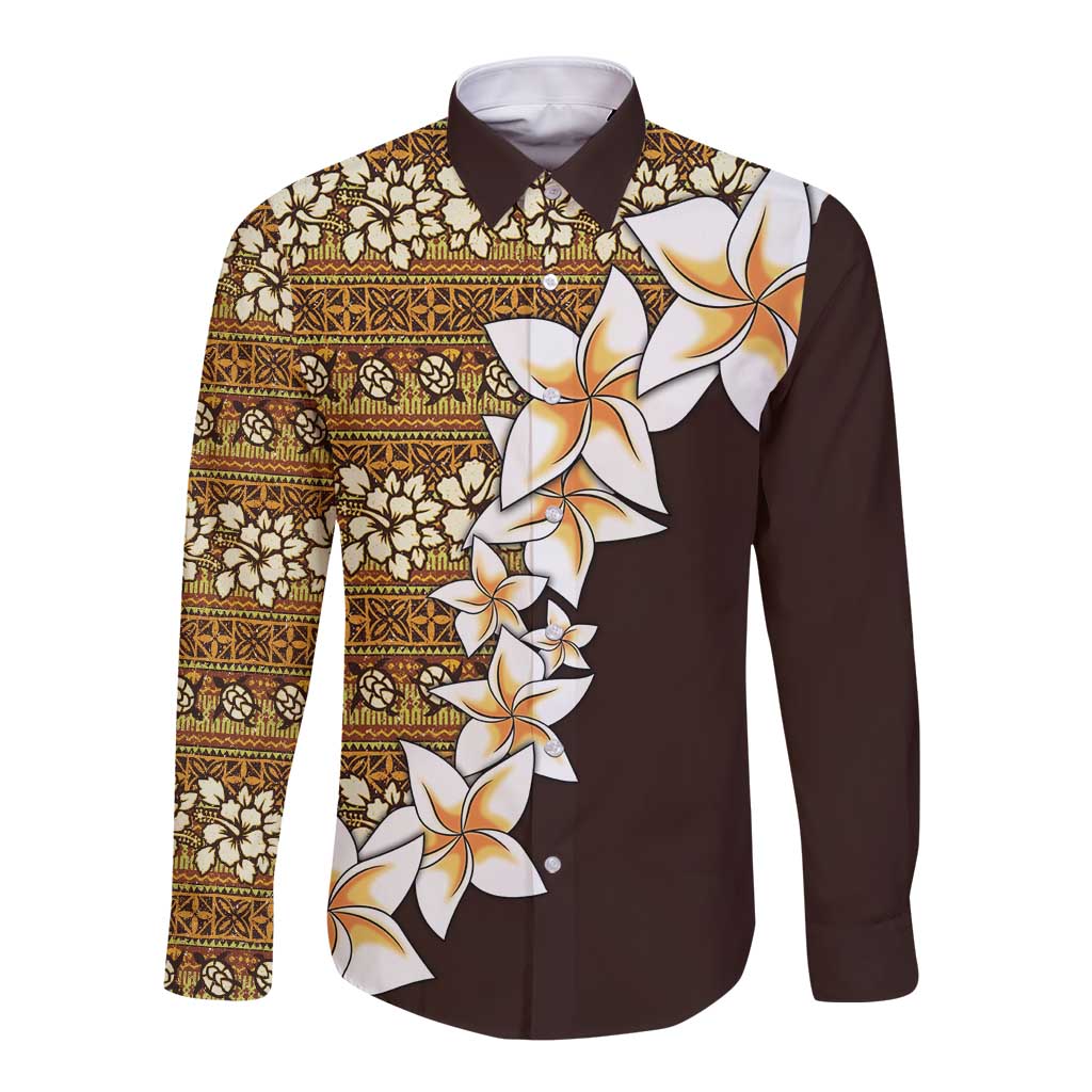 Vintage Hibiscus Turtle Pattern Long Sleeve Button Shirt with Plumeria Half Style LT9 Unisex Gold - Polynesian Pride