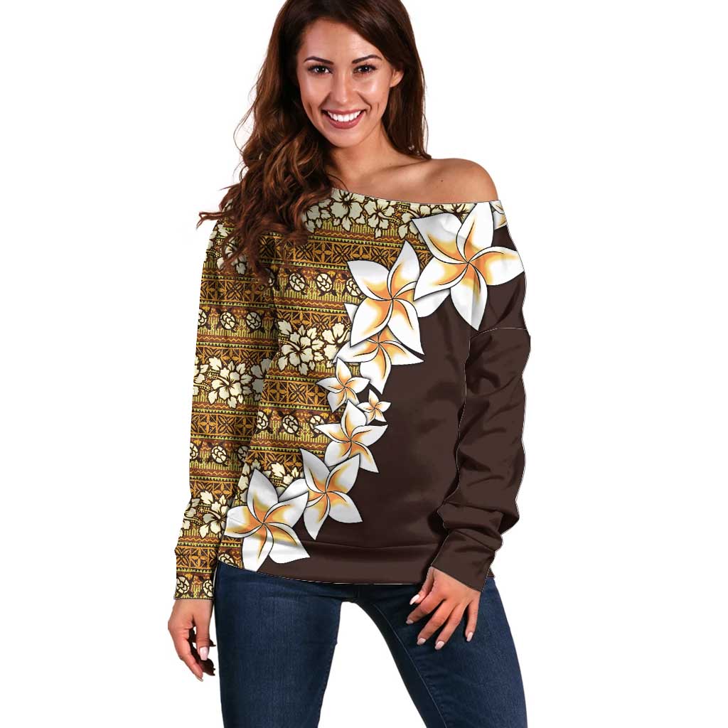 Vintage Hibiscus Turtle Pattern Off Shoulder Sweater with Plumeria Half Style LT9 Women Gold - Polynesian Pride
