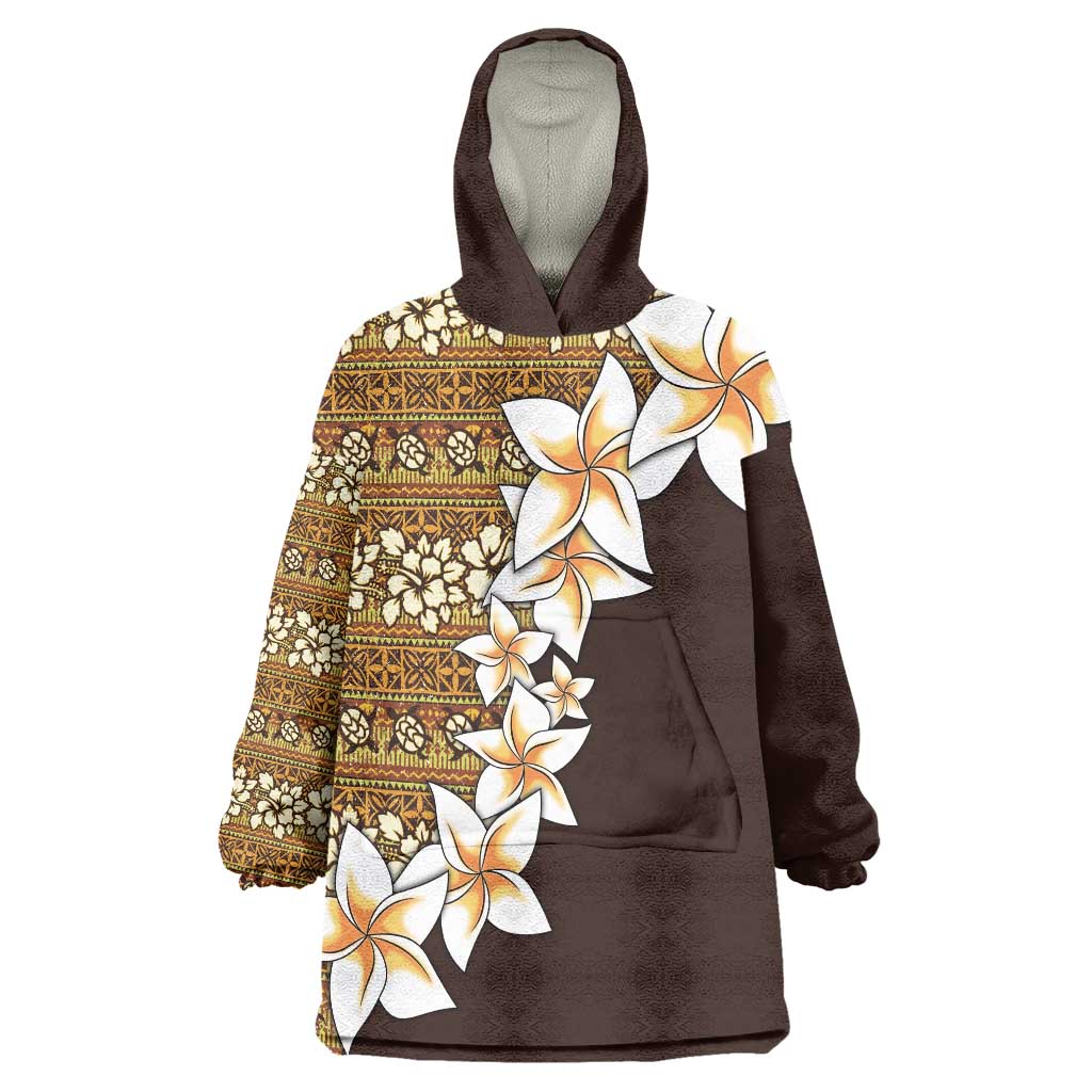 Vintage Hibiscus Turtle Pattern Wearable Blanket Hoodie with Plumeria Half Style LT9 One Size Gold - Polynesian Pride