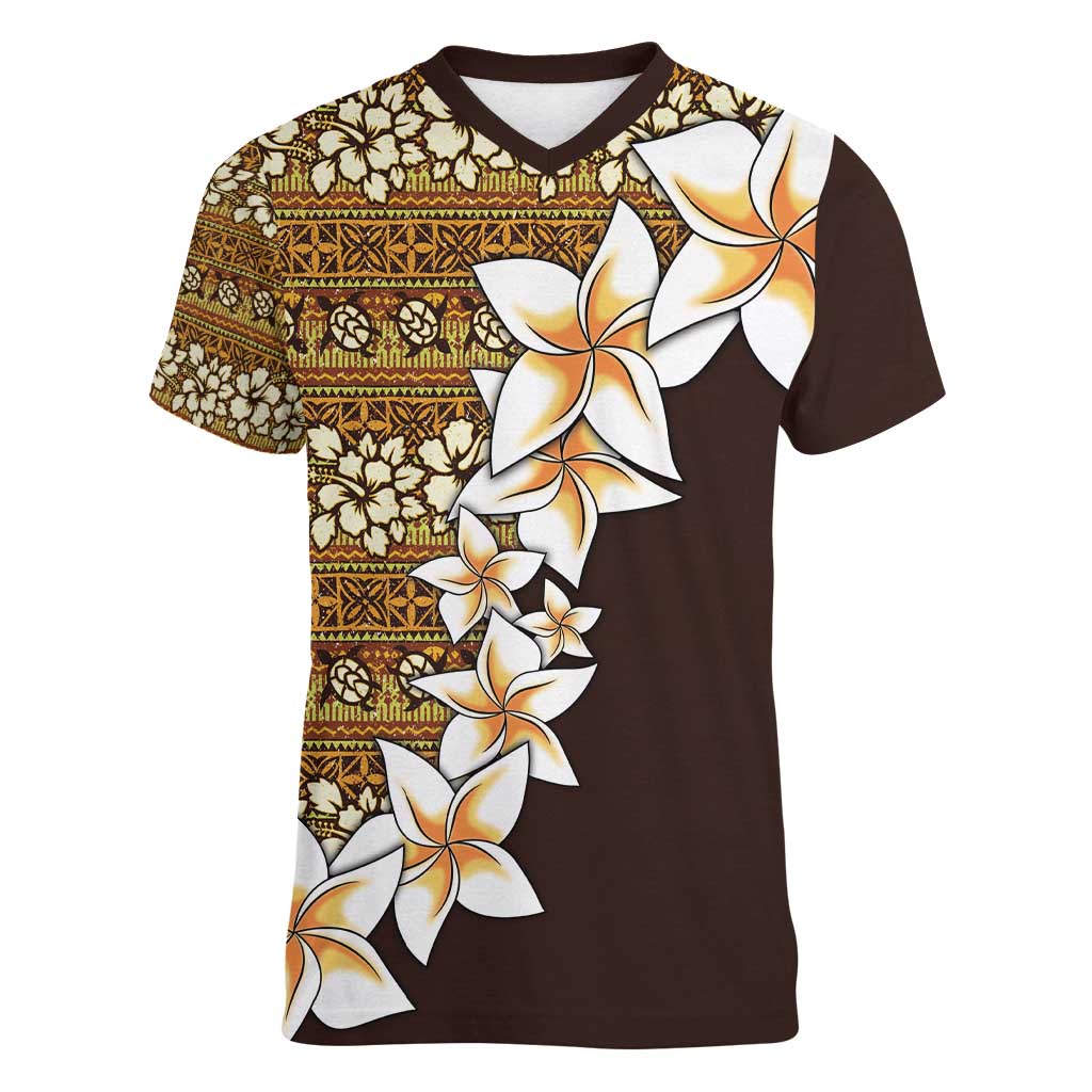 Vintage Hibiscus Turtle Pattern Women V-Neck T-Shirt with Plumeria Half Style