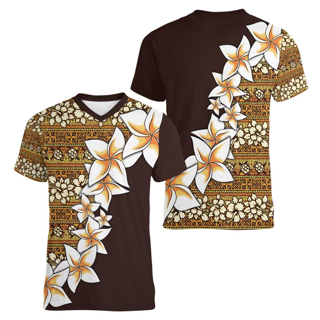 Vintage Hibiscus Turtle Pattern Women V-Neck T-Shirt with Plumeria Half Style