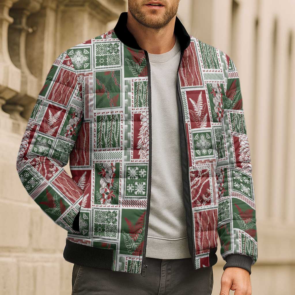 Mele Kalikimaka Hawaiian Quilt and Lei Patchwork Bomber Puffer Jacket - Polynesian Pride