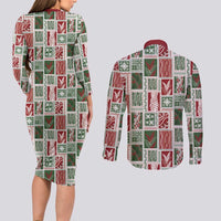 Mele Kalikimaka Hawaiian Quilt and Lei Patchwork Couples Matching Long Sleeve Bodycon Dress and Long Sleeve Button Shirt - Polynesian Pride