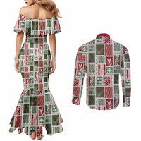 Mele Kalikimaka Hawaiian Quilt and Lei Patchwork Couples Matching Mermaid Dress and Long Sleeve Button Shirt - Polynesian Pride