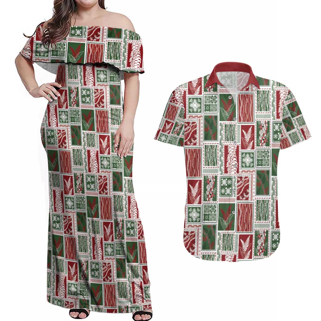 Mele Kalikimaka Hawaiian Quilt and Lei Patchwork Couples Matching Off Shoulder Maxi Dress and Hawaiian Shirt - Polynesian Pride