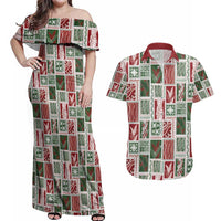 Mele Kalikimaka Hawaiian Quilt and Lei Patchwork Couples Matching Off Shoulder Maxi Dress and Hawaiian Shirt - Polynesian Pride