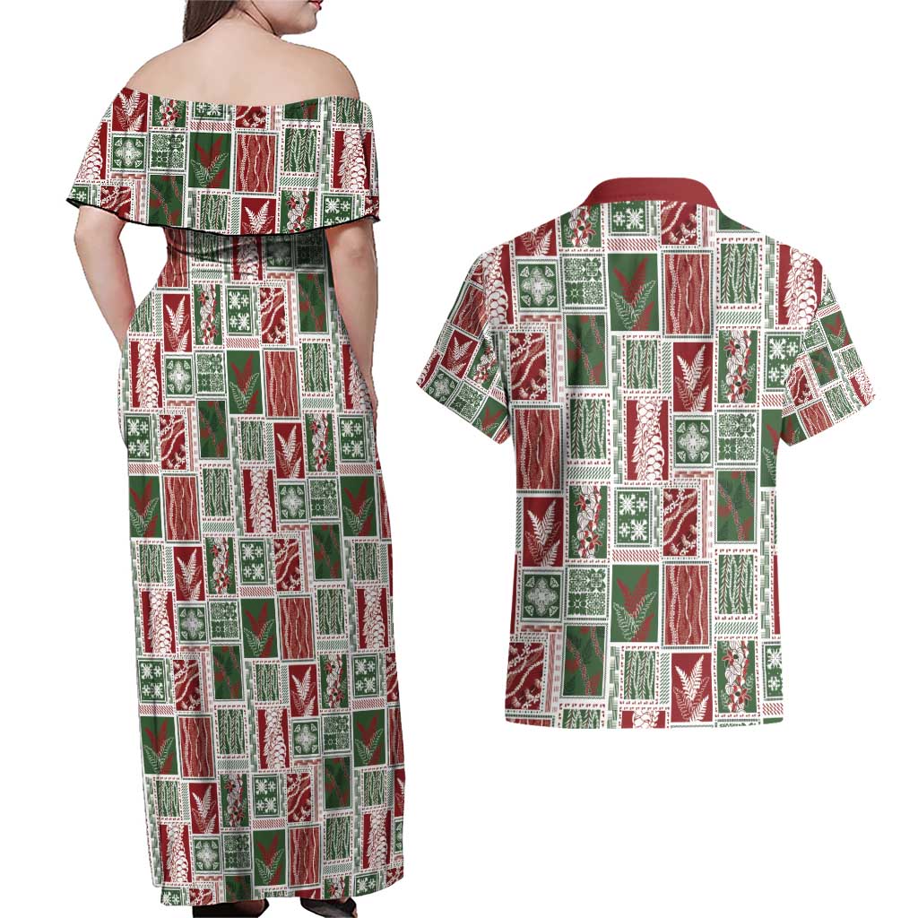 Mele Kalikimaka Hawaiian Quilt and Lei Patchwork Couples Matching Off Shoulder Maxi Dress and Hawaiian Shirt - Polynesian Pride