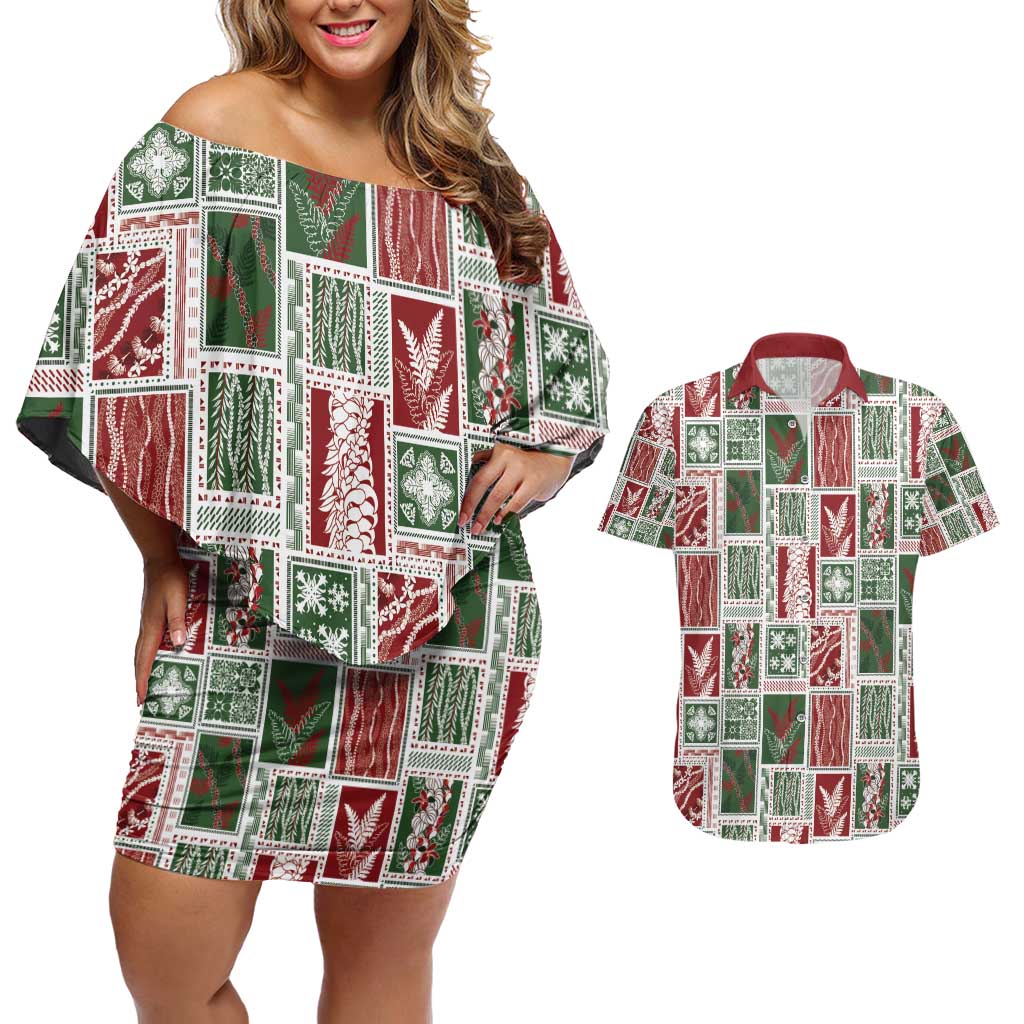 Mele Kalikimaka Hawaiian Quilt and Lei Patchwork Couples Matching Off Shoulder Short Dress and Hawaiian Shirt - Polynesian Pride