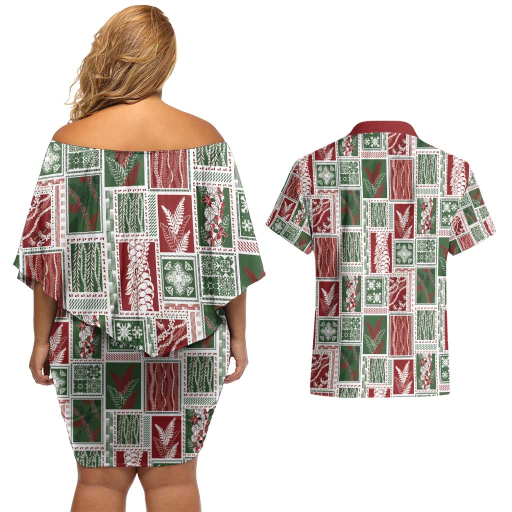 Mele Kalikimaka Hawaiian Quilt and Lei Patchwork Couples Matching Off Shoulder Short Dress and Hawaiian Shirt - Polynesian Pride