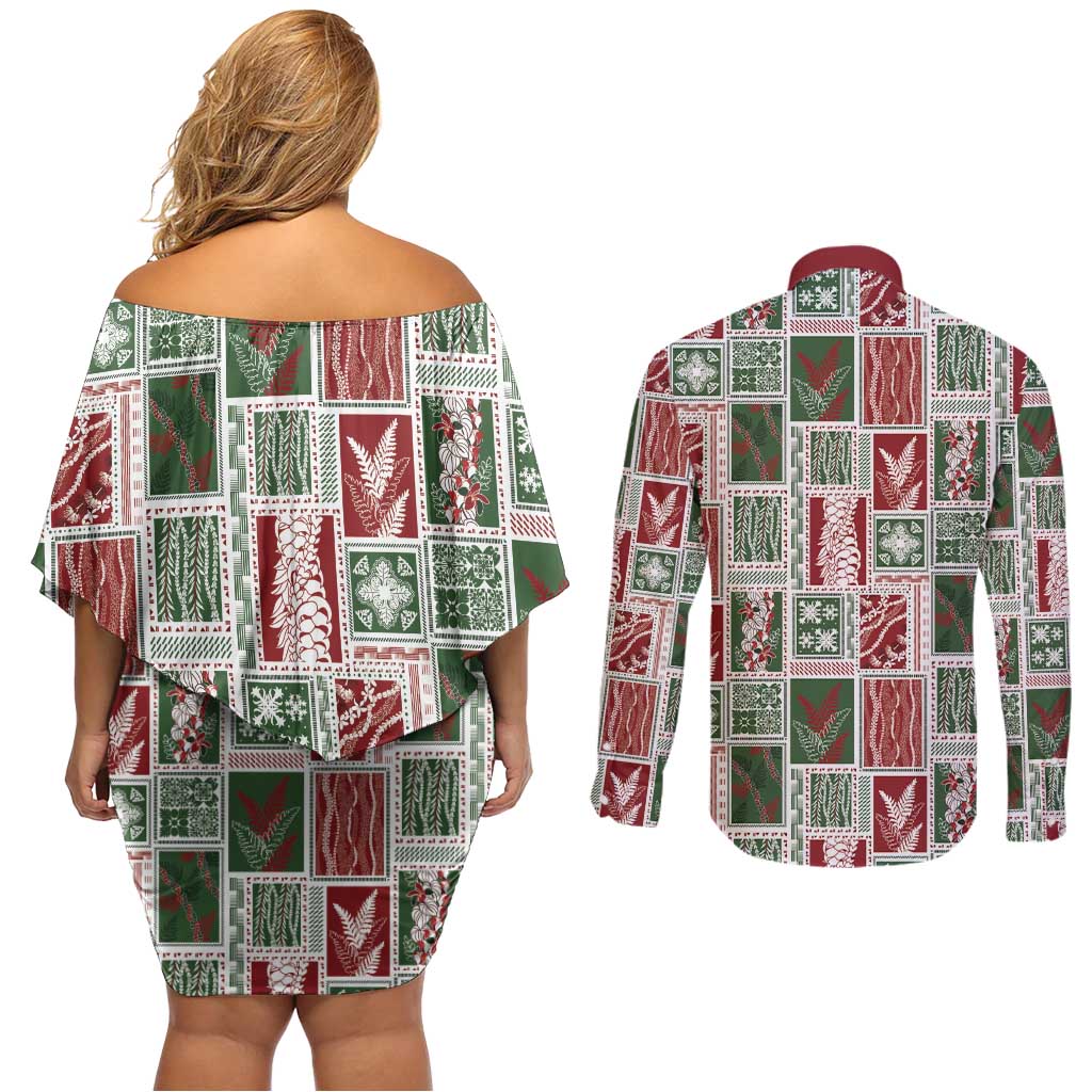 Mele Kalikimaka Hawaiian Quilt and Lei Patchwork Couples Matching Off Shoulder Short Dress and Long Sleeve Button Shirt - Polynesian Pride