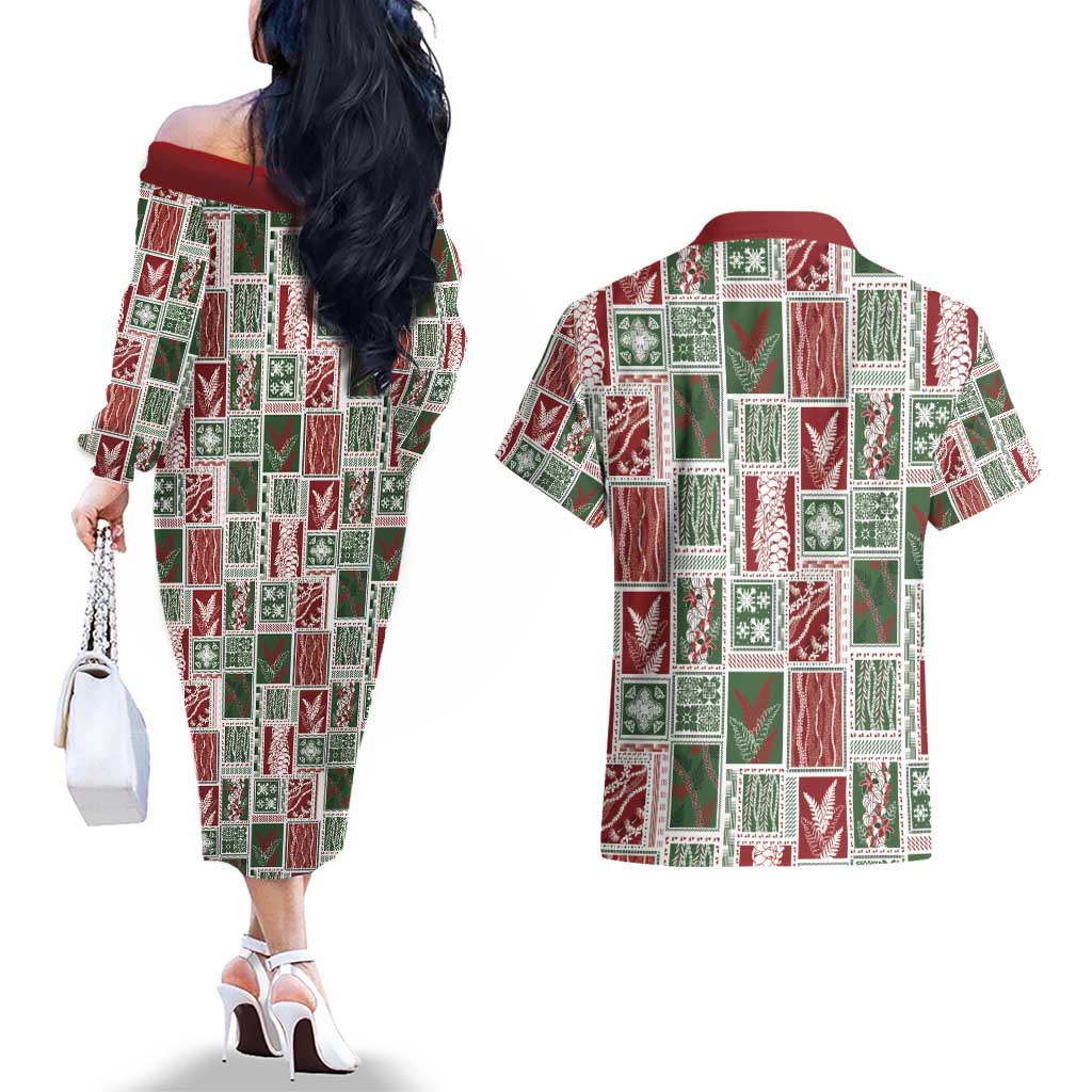 Mele Kalikimaka Hawaiian Quilt and Lei Patchwork Couples Matching Off The Shoulder Long Sleeve Dress and Hawaiian Shirt - Polynesian Pride
