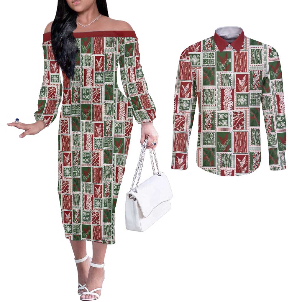 Mele Kalikimaka Hawaiian Quilt and Lei Patchwork Couples Matching Off The Shoulder Long Sleeve Dress and Long Sleeve Button Shirt - Polynesian Pride