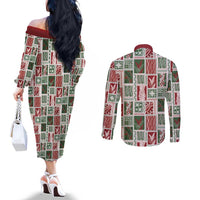 Mele Kalikimaka Hawaiian Quilt and Lei Patchwork Couples Matching Off The Shoulder Long Sleeve Dress and Long Sleeve Button Shirt - Polynesian Pride