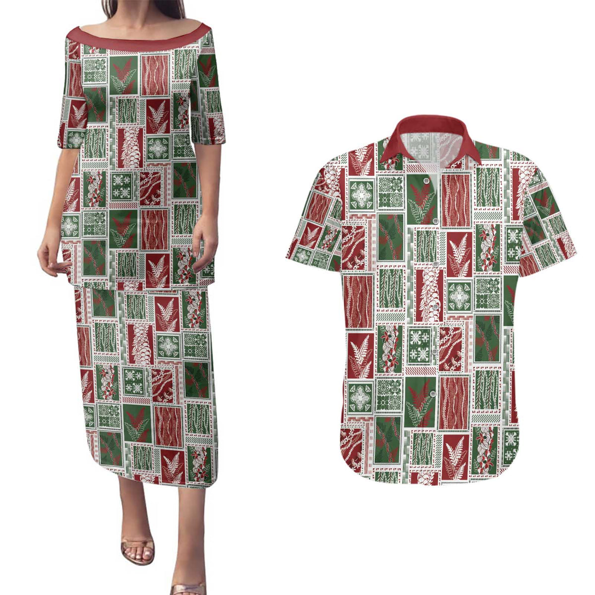 Mele Kalikimaka Hawaiian Quilt and Lei Patchwork Couples Matching Puletasi and Hawaiian Shirt - Polynesian Pride