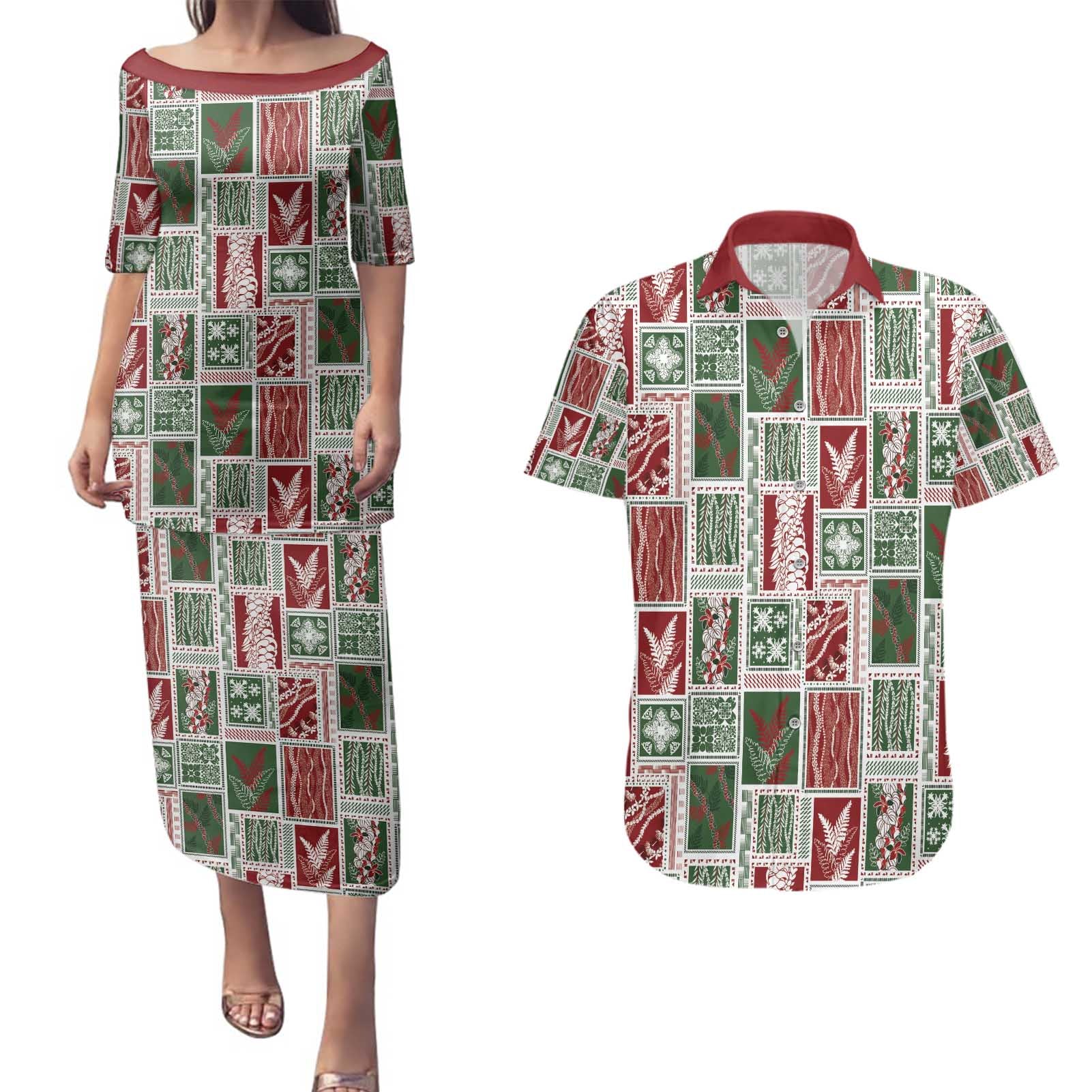 Mele Kalikimaka Hawaiian Quilt and Lei Patchwork Couples Matching Puletasi and Hawaiian Shirt - Polynesian Pride