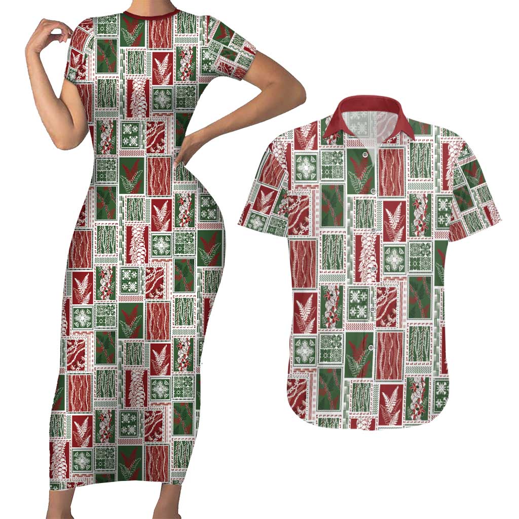 Mele Kalikimaka Hawaiian Quilt and Lei Patchwork Couples Matching Short Sleeve Bodycon Dress and Hawaiian Shirt - Polynesian Pride