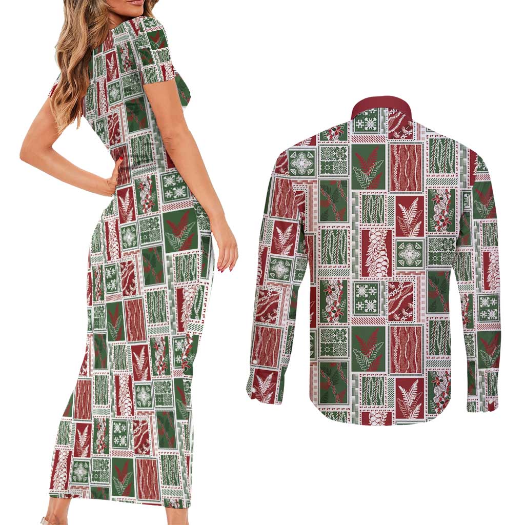 Mele Kalikimaka Hawaiian Quilt and Lei Patchwork Couples Matching Short Sleeve Bodycon Dress and Long Sleeve Button Shirt - Polynesian Pride
