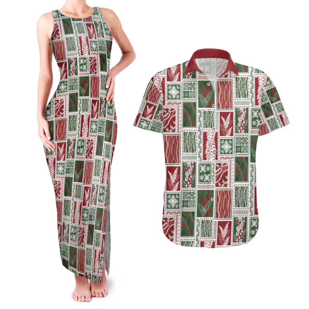 Mele Kalikimaka Hawaiian Quilt and Lei Patchwork Couples Matching Tank Maxi Dress and Hawaiian Shirt - Polynesian Pride
