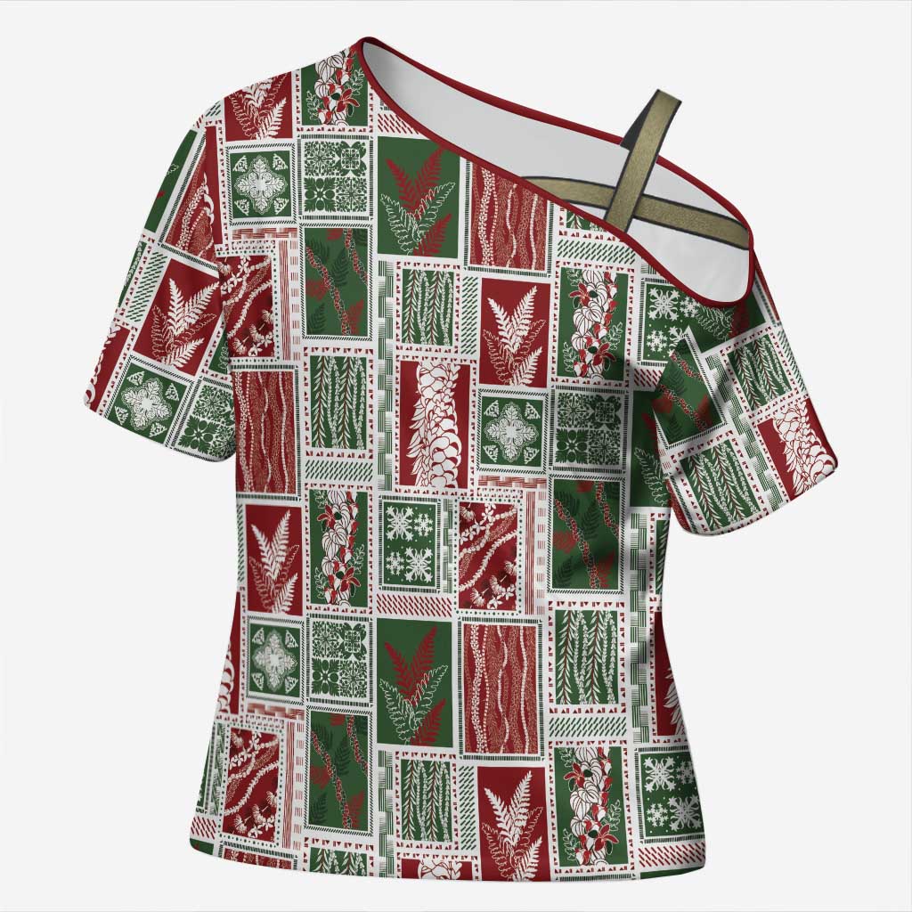 Mele Kalikimaka Hawaiian Quilt and Lei Patchwork Cross Shoulder Shirt LT9 Female Red - Polynesian Pride