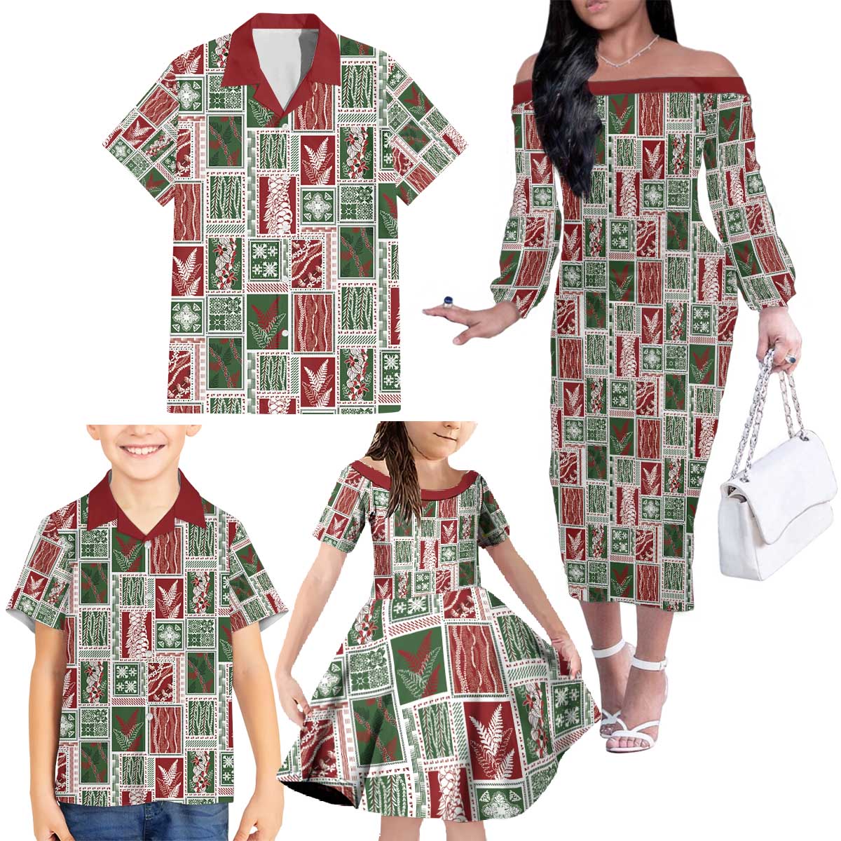 Mele Kalikimaka Hawaiian Quilt and Lei Patchwork Family Matching Off The Shoulder Long Sleeve Dress and Hawaiian Shirt - Polynesian Pride