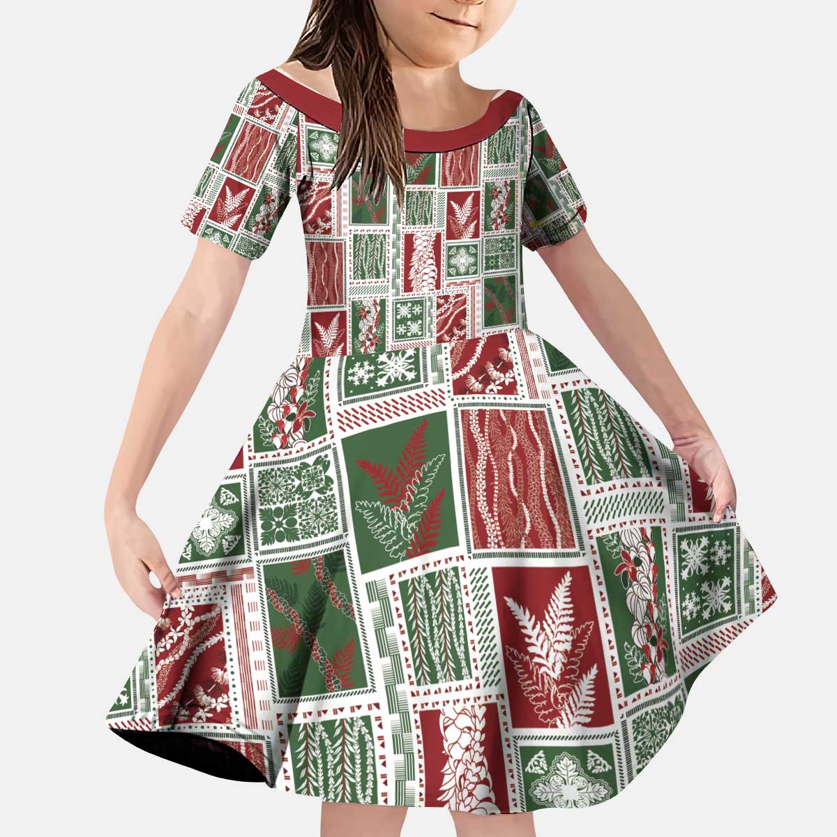 Mele Kalikimaka Hawaiian Quilt and Lei Patchwork Kid Short Sleeve Dress - Polynesian Pride