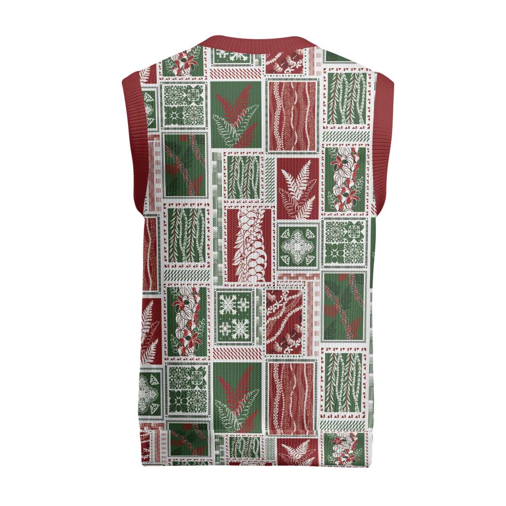 Mele Kalikimaka Hawaiian Quilt and Lei Patchwork Christmas Knitted V-Neck Vest - Polynesian Pride