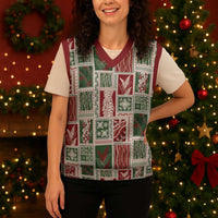 Mele Kalikimaka Hawaiian Quilt and Lei Patchwork Christmas Knitted V-Neck Vest - Polynesian Pride