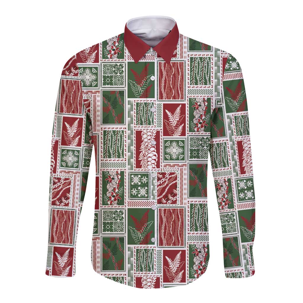 Mele Kalikimaka Hawaiian Quilt and Lei Patchwork Long Sleeve Button Shirt - Polynesian Pride