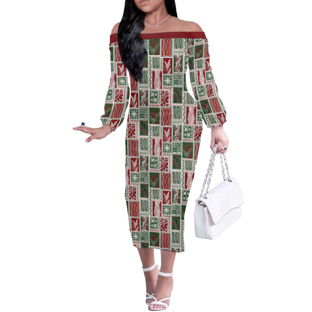 Mele Kalikimaka Hawaiian Quilt and Lei Patchwork Off The Shoulder Long Sleeve Dress - Polynesian Pride