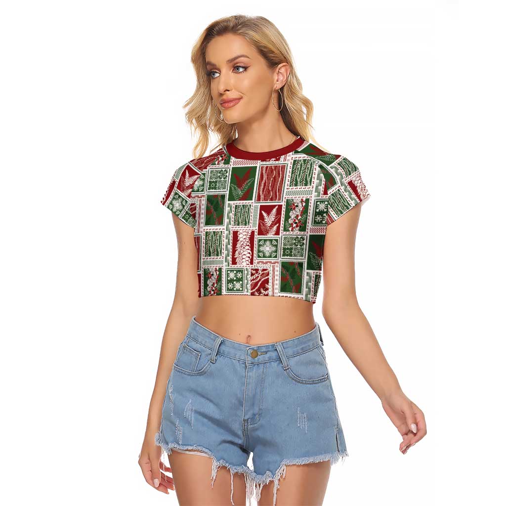 Mele Kalikimaka Hawaiian Quilt and Lei Patchwork Raglan Cropped T Shirt LT9 Female Red - Polynesian Pride