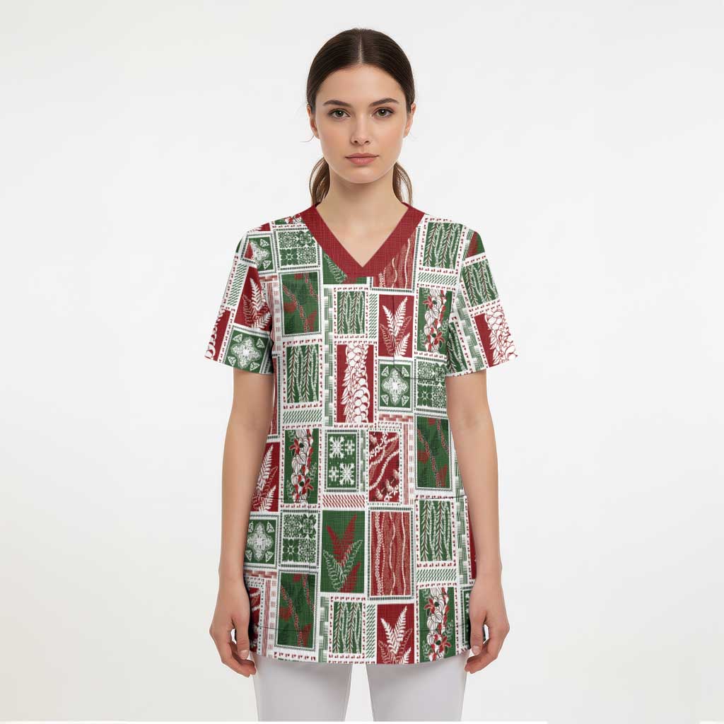 Mele Kalikimaka Hawaiian Quilt and Lei Patchwork Scrub Top - Polynesian Pride