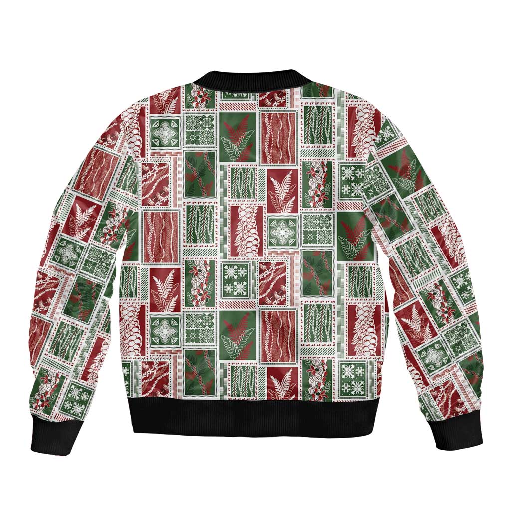 Mele Kalikimaka Hawaiian Quilt and Lei Patchwork Sleeve Zip Bomber Jacket - Polynesian Pride