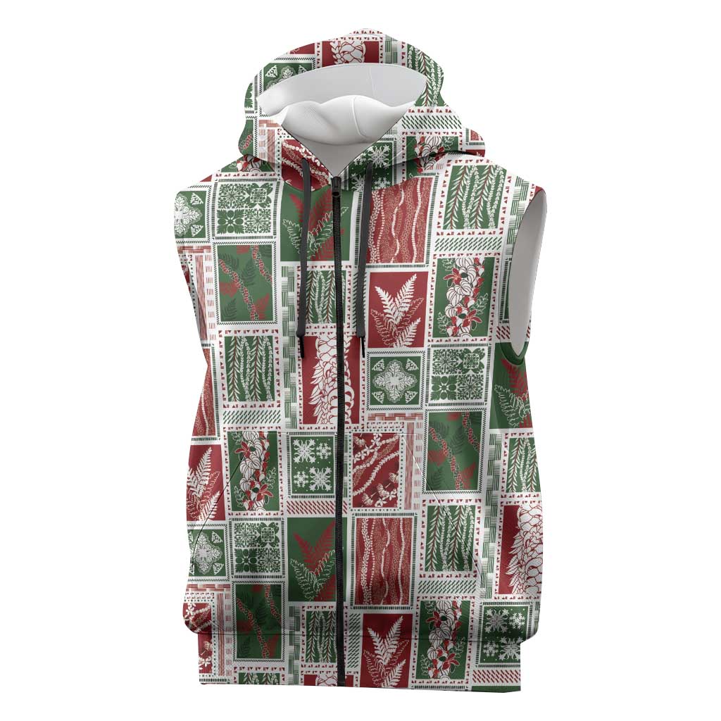 Mele Kalikimaka Hawaiian Quilt and Lei Patchwork Sleeveless Zip Hoodie LT9 Red - Polynesian Pride