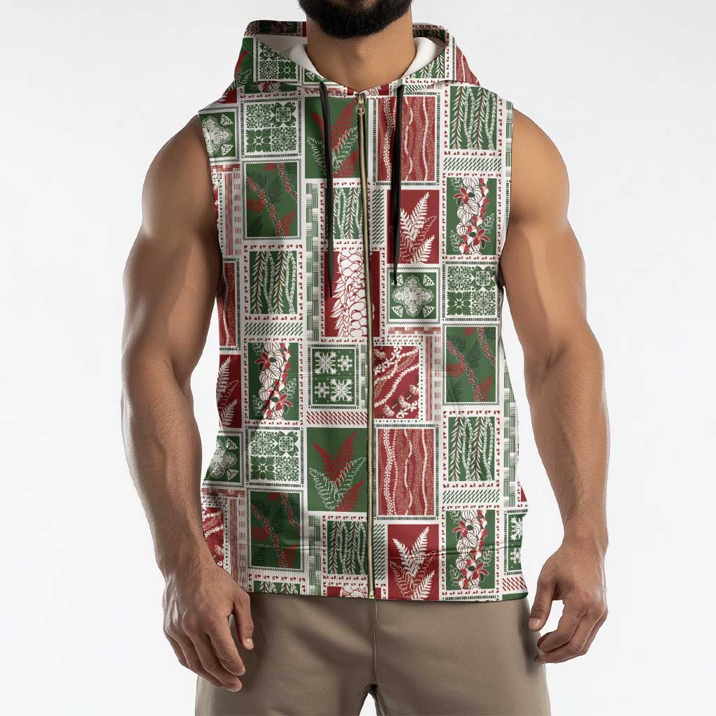 Mele Kalikimaka Hawaiian Quilt and Lei Patchwork Sleeveless Zip Hoodie - Polynesian Pride