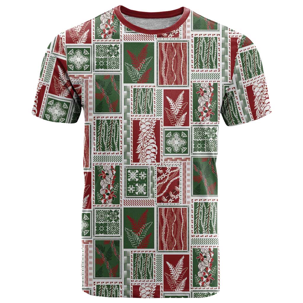 Mele Kalikimaka Hawaiian Quilt and Lei Patchwork T Shirt LT9 Red - Polynesian Pride